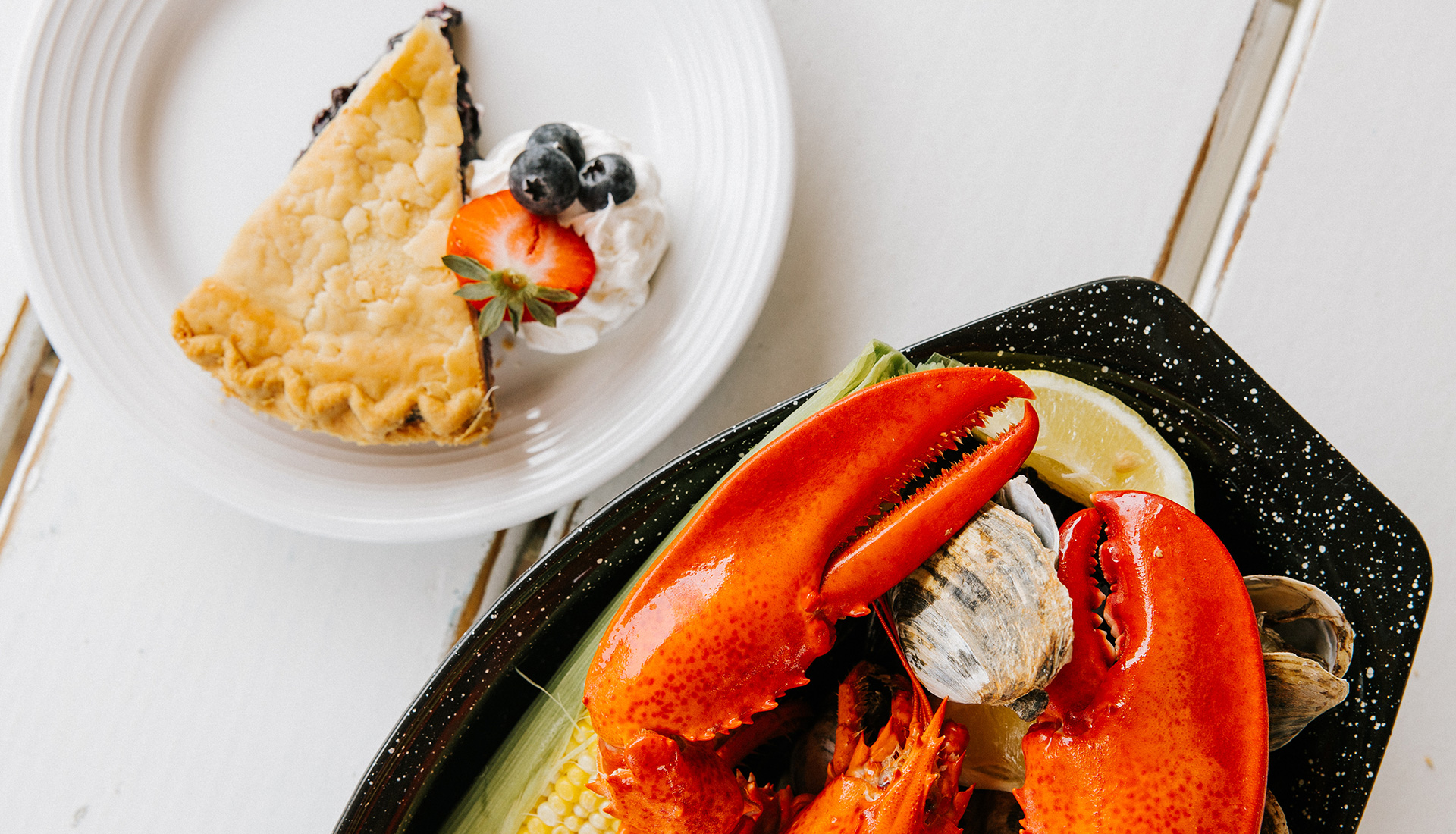 Steamed lobster and blueberry pie at Bar Harbor, Maine.
