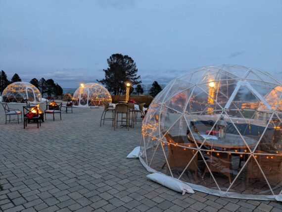 Outdoor patio at dusk featuring transparent dome structures with warm lit interiors and cozy seating. Fire pits are scattered across the area, creating a cozy ambiance. Distant trees and a cloudy sky can be seen in the background.
