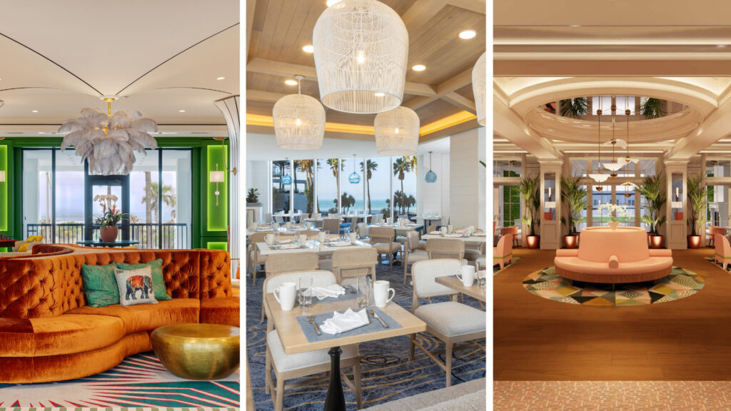 A three-panel image shows vibrant hotel interiors: a colorful lounge with orange velvet sofa, a bright dining area with light chairs and ocean view, and a grand lobby with a pink circular sofa and palm trees outside.