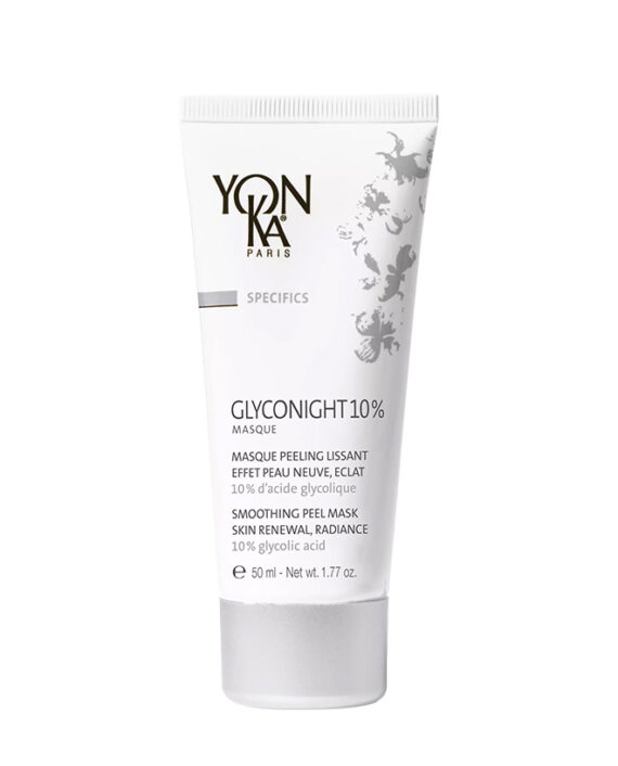 A white tube of Yon-Ka Paris Glyconight 10% Masque, featuring silver accents and product information in black and grey text, including Smoothing Peel Mask and 10% glycolic acid on the front.