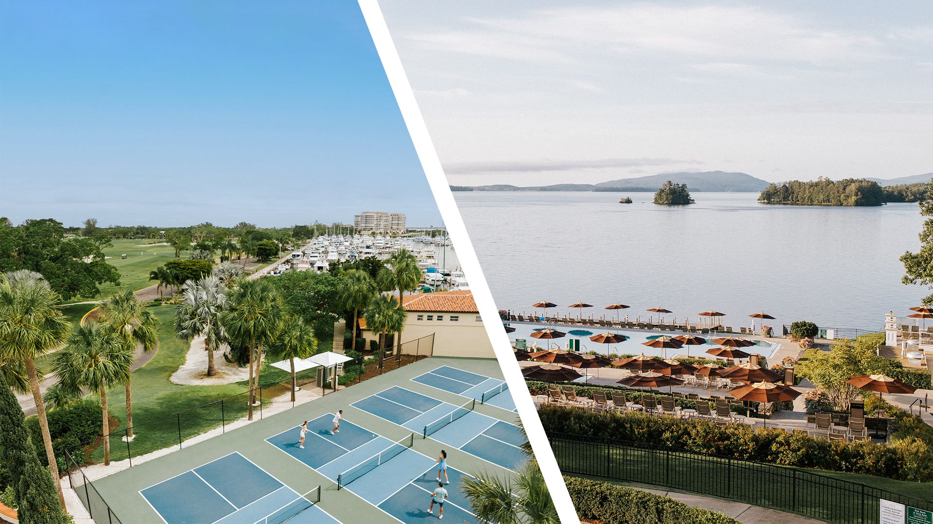 A split image shows tennis courts and a marina surrounded by palm trees on the left, and a lakeside resort at Your Best First Leg Travels Hotel with umbrellas and lounge chairs overlooking calm water on the right.