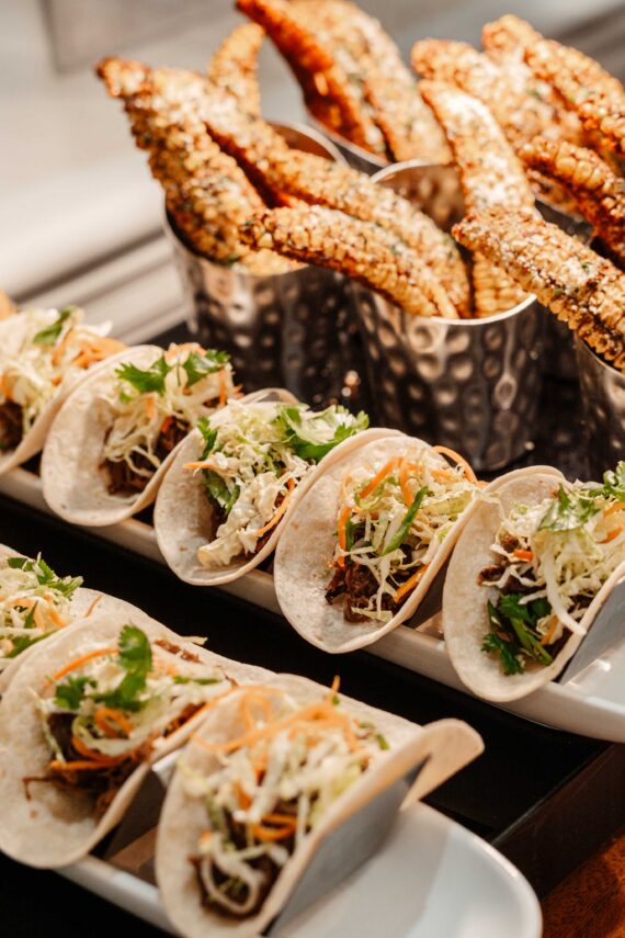 A buffet of food laid out for a corporate group.