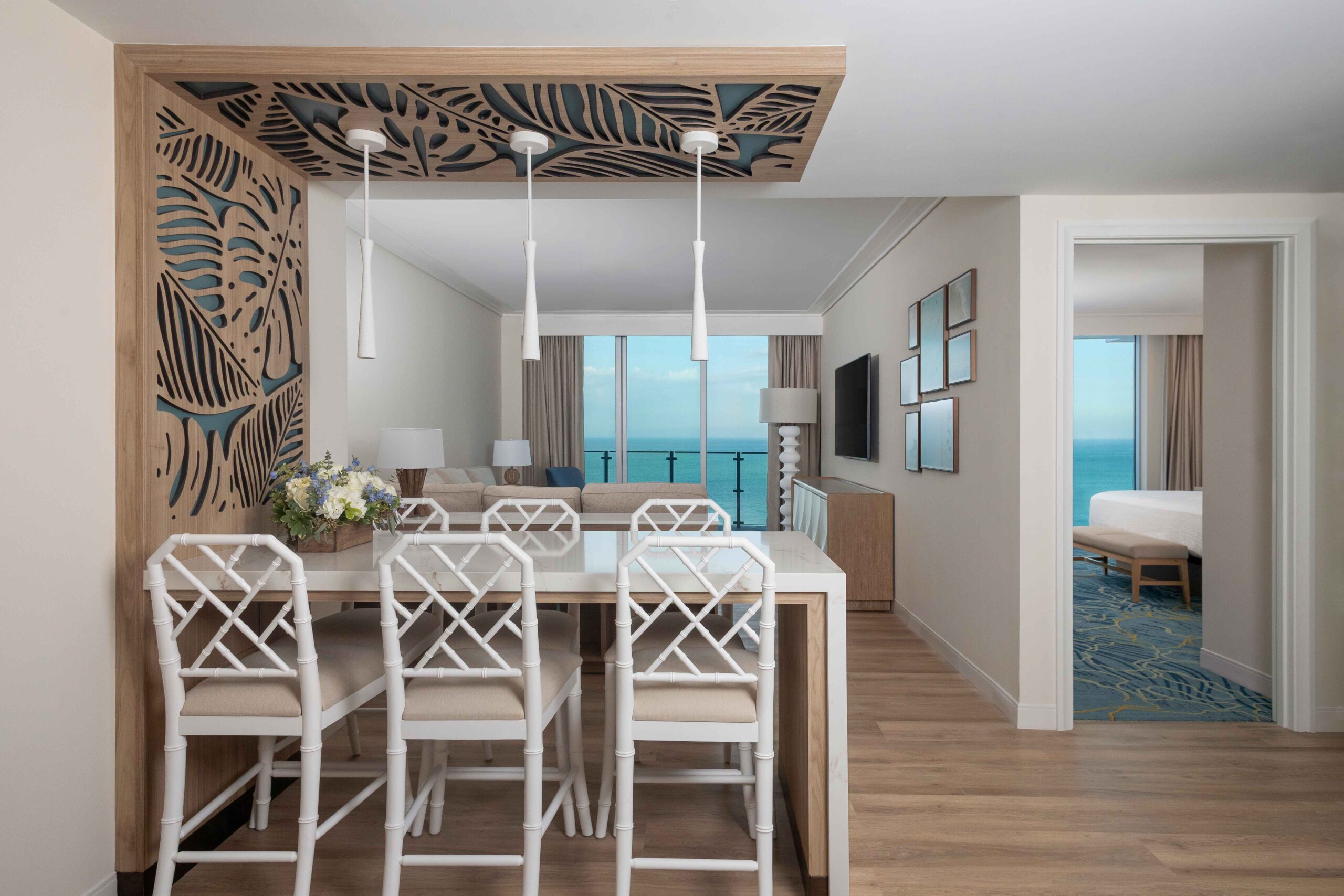 Modern hotel suite with ocean view at Opal Sol in Clearwater Beach, FL.